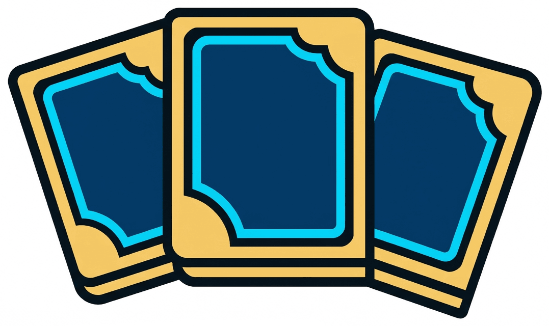 Riftbound badge: fanned trading cards in gold-framed navy panels matching the other two badges