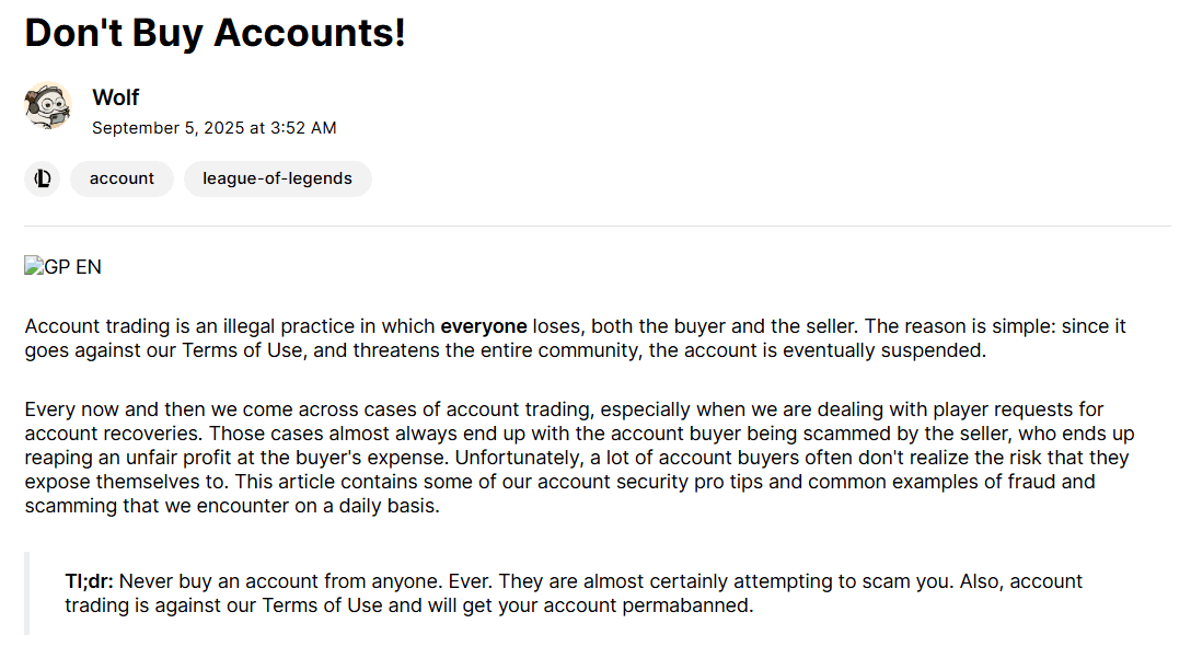 Riot Games support article titled 'Don't Buy Accounts!' warning that account trading violates the Terms of Use and puts buyers at risk of losing money or the account.